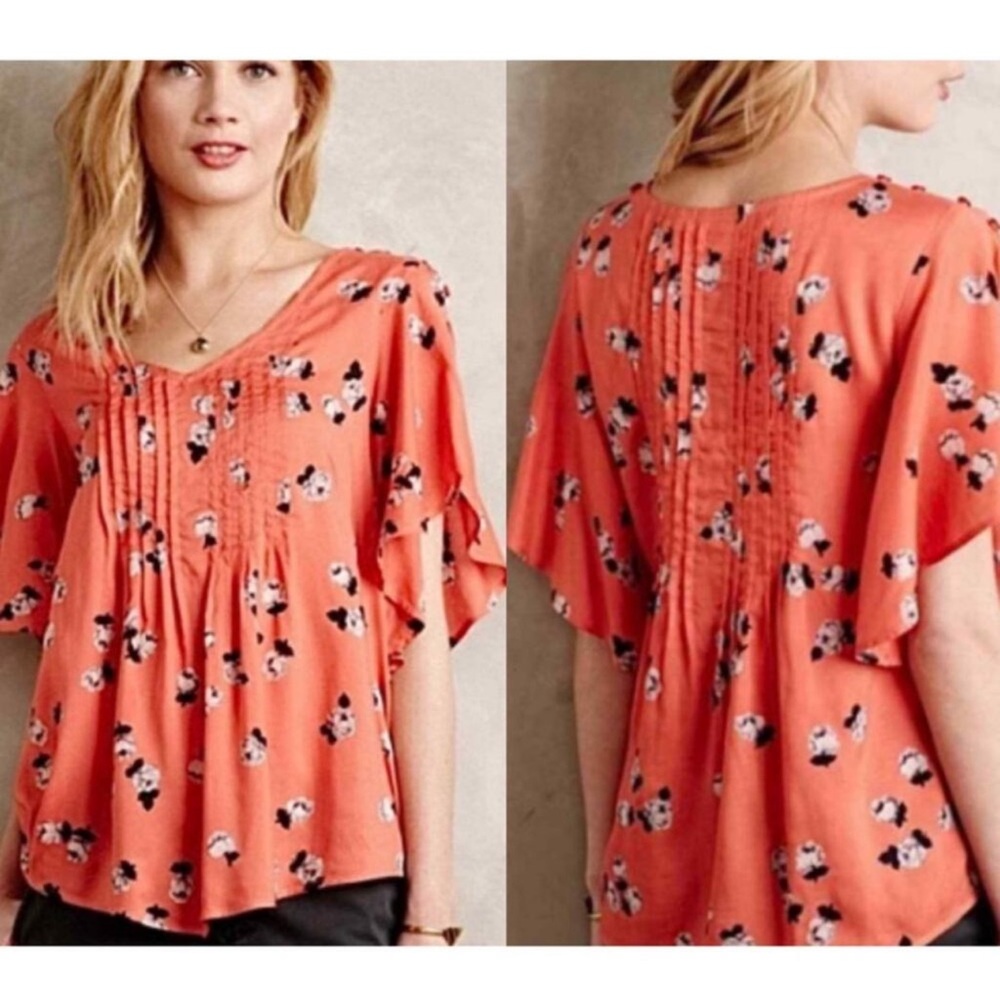 Anthropologie Maeve pleated floral Coral Blouse sz 12 with button sleeve detail